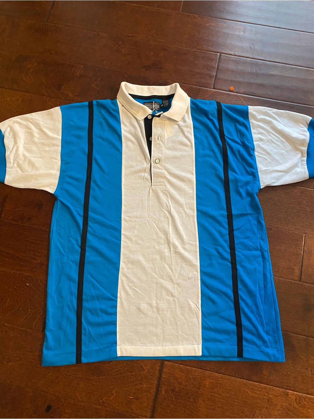 Vintage NWT Members Only White and Blue Vertical-Strip Polo with Black Accents